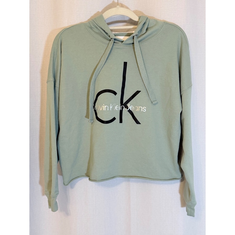 Calvin Klein Jeans Sage Green Cropped Logo Hoodie Silver Foil CK Graphic Medium